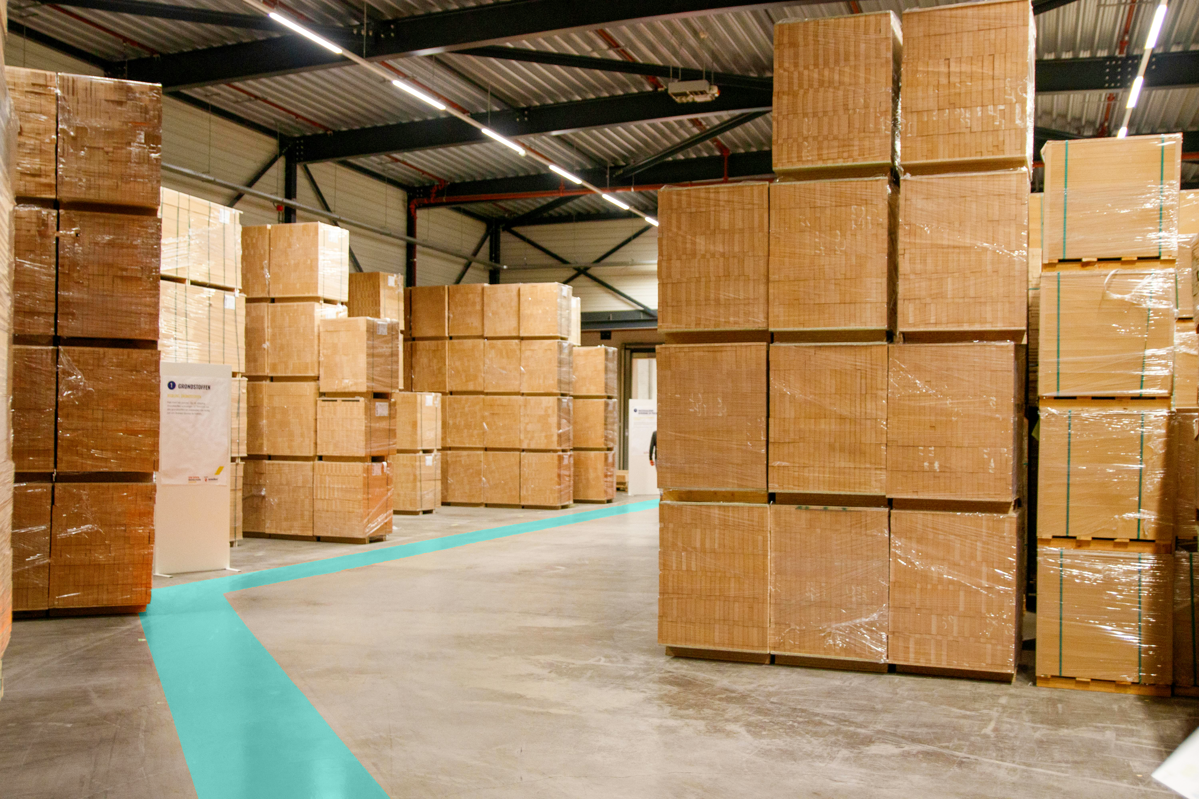 Warehouse inventory stacked in a distribution center